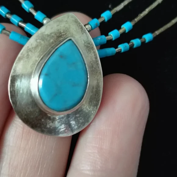 Vintage Southwestern Sterling Silver 3 Strand Necklace w/ Turquoise - Picture 3 of 9